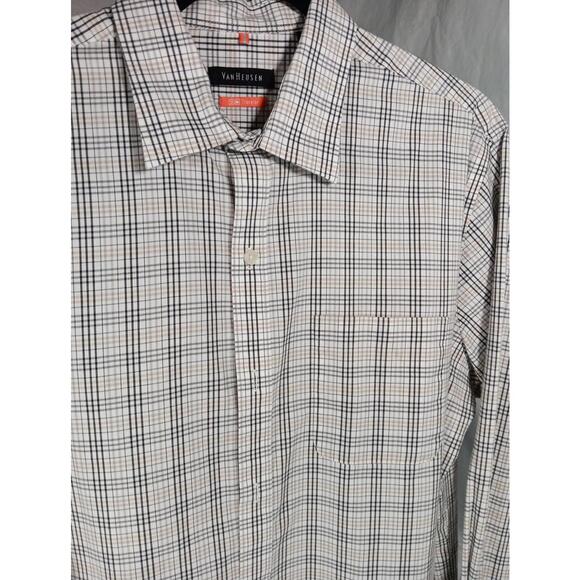 Van Heusen Traveler Dress Shirt Mens Tan Brown Plaid Long Sleeve Button Up - Picture 1 of 7